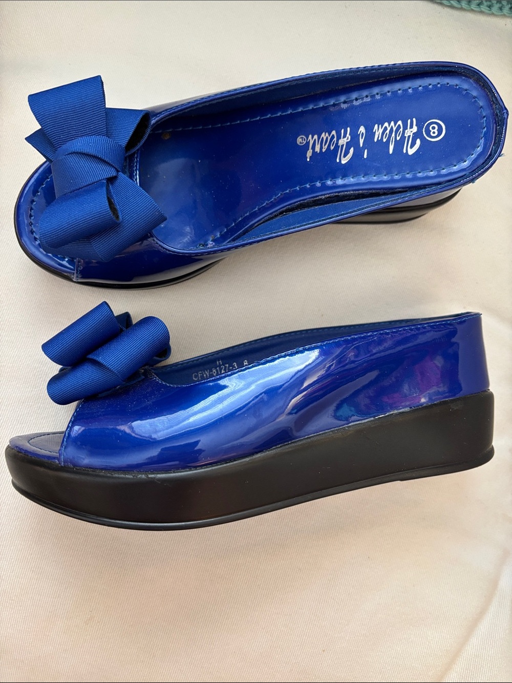 Blue Patent Wedge Bow Sandals